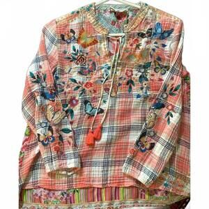 Johnny Was Workshop Women Shirt  Pink Plaid Floral Silk Long sleeve Small